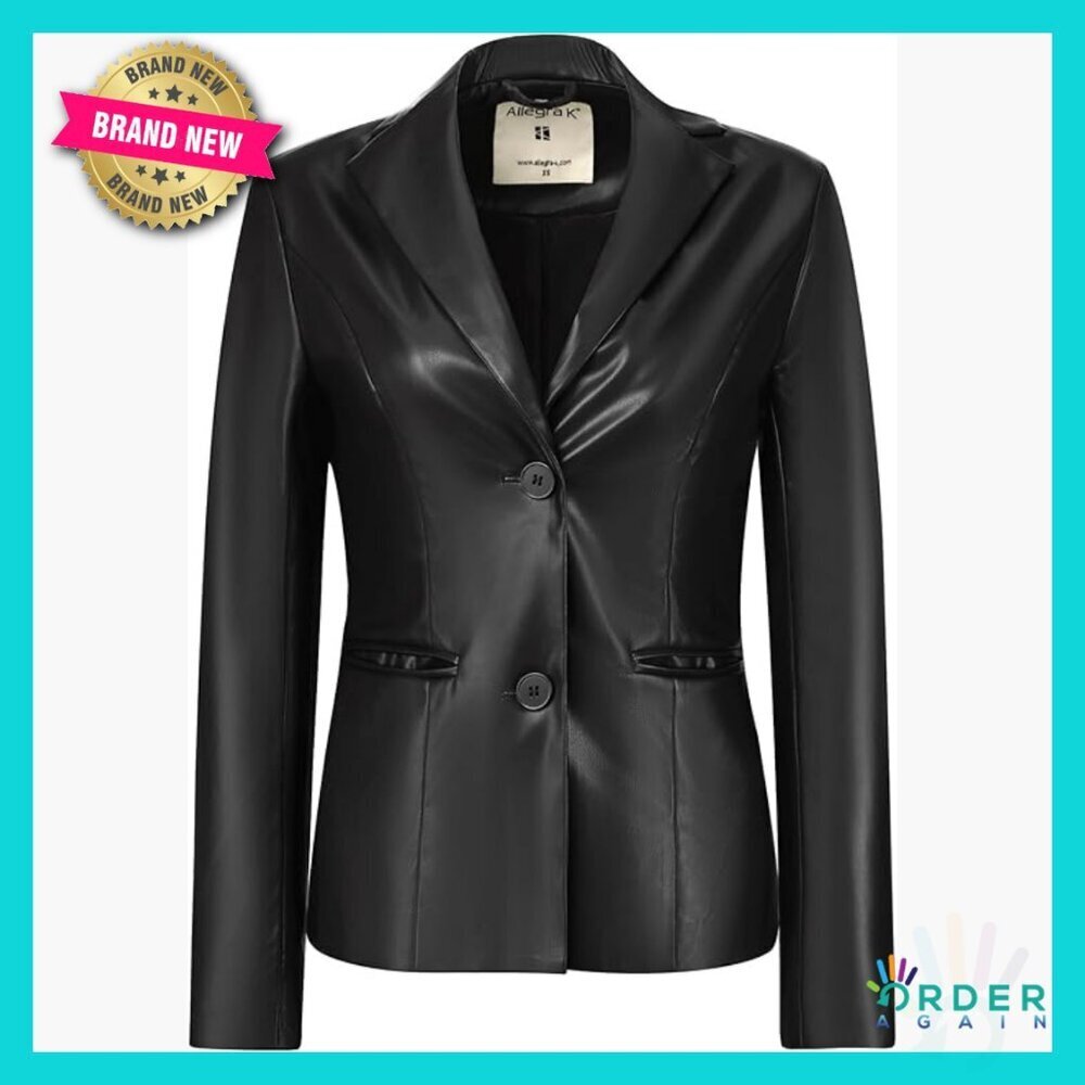 Faux Leather Blazer Slim Fit Notched Lapel Office Casual Chic Jacket